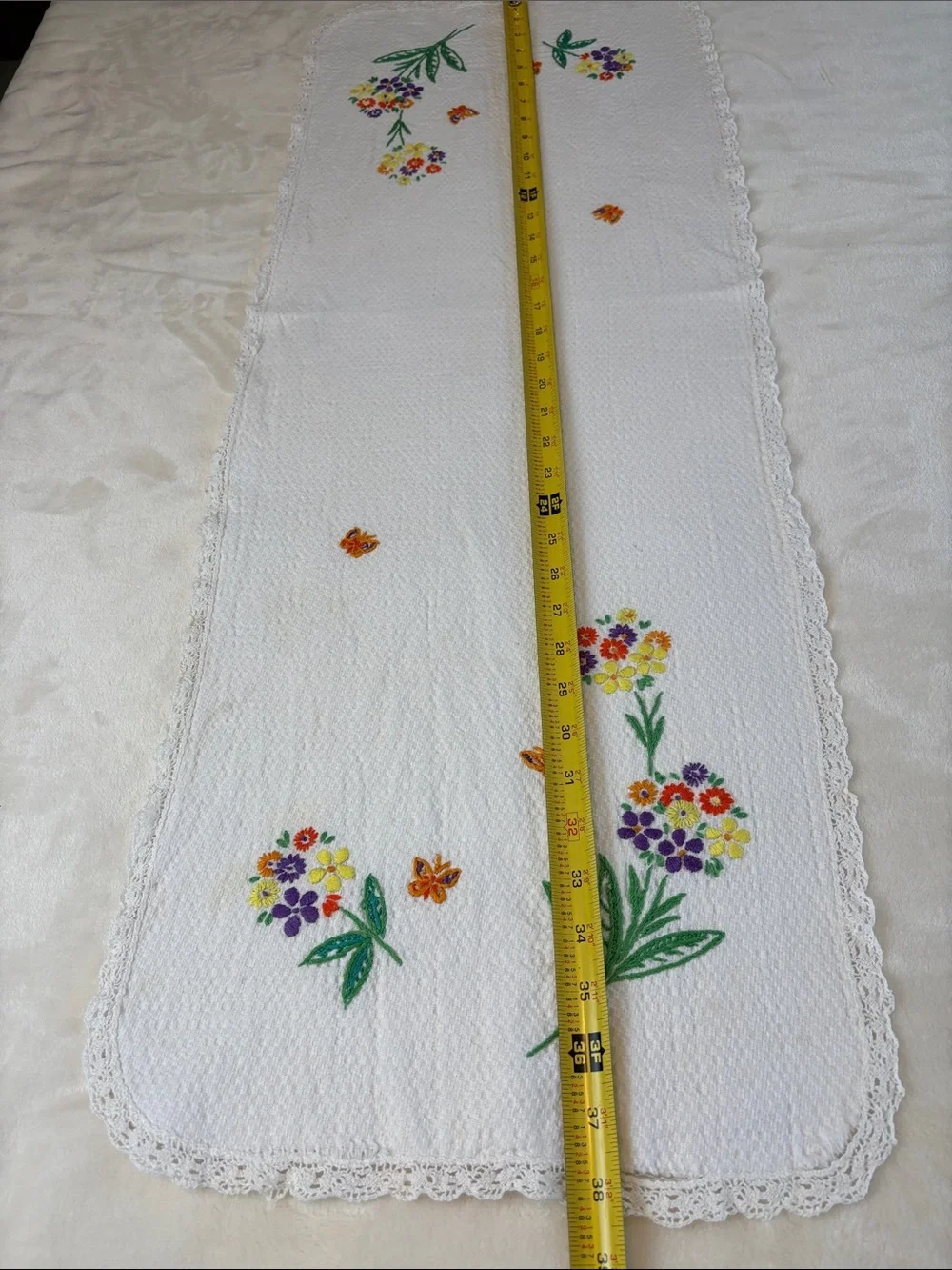 Vintage Hand-Embroidered Floral Linen Runner with Lace Trim w/Butterflies Sweet!